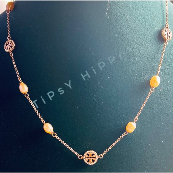 NEW!!Tory Burch Rose Gold Miller Crystal Pave Logo and Pearl Necklace